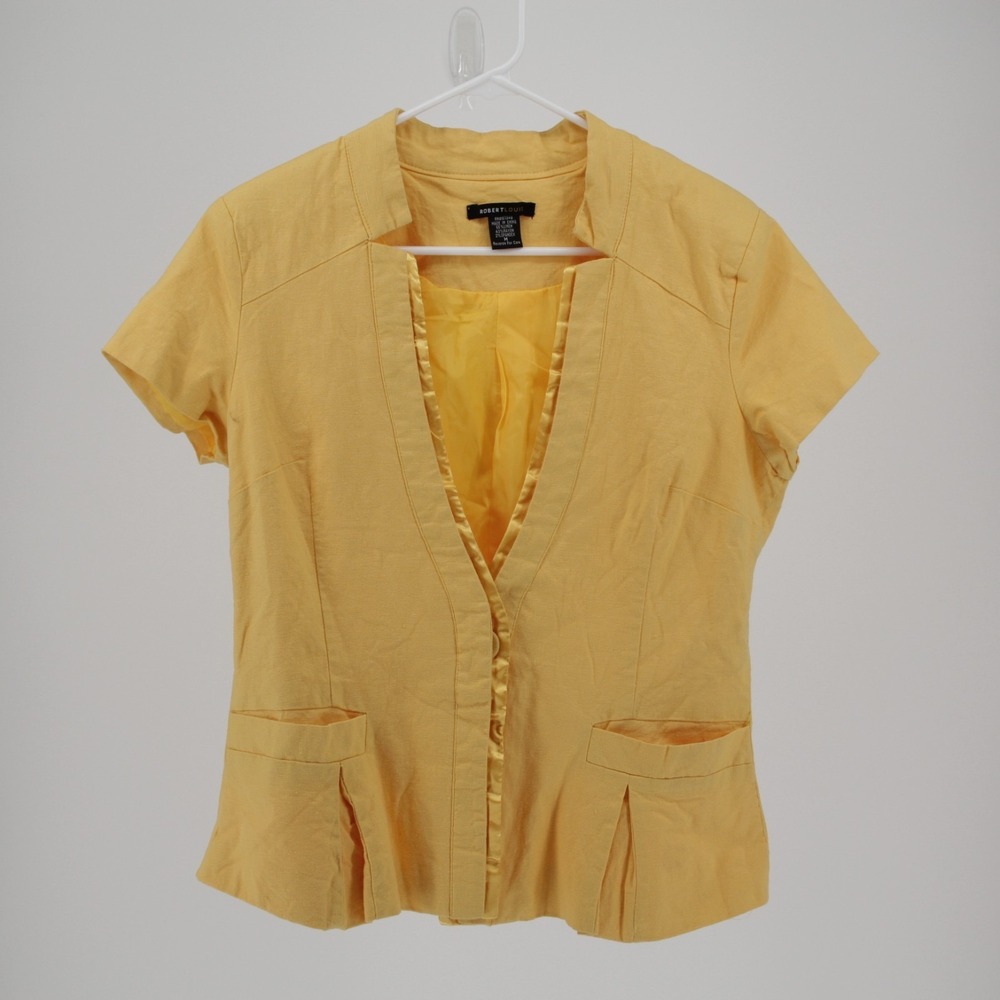 Robert‎ Louis Women's Yellow Linen Pleated Short Sleeve Lapelless Blazer Size M